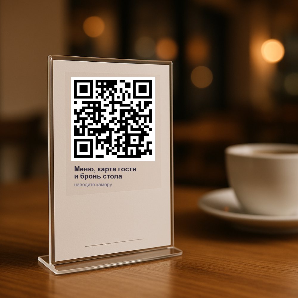 Тейбл-тент на столе с QR-кодом: «Меню, карта гостя и бронь стола»