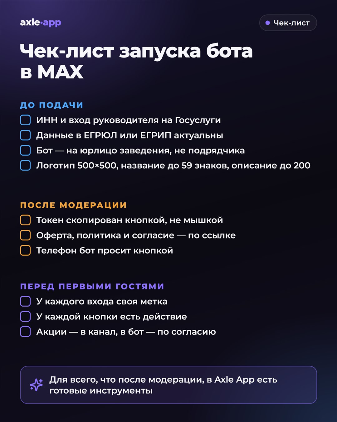 Чек-лист запуска бота в MAX: до подачи — ИНН и вход руководителя на Госуслуги, данные в ЕГРЮЛ актуальны, бот на юрлицо заведения, логотип, название и описание по требованиям; после модерации — токен скопирован кнопкой, оферта, политика и согласие по ссылке, телефон бот просит кнопкой; перед первыми гостями — у каждого входа своя метка, у каждой кнопки есть действие, акции — в канал, в бот — по согласию