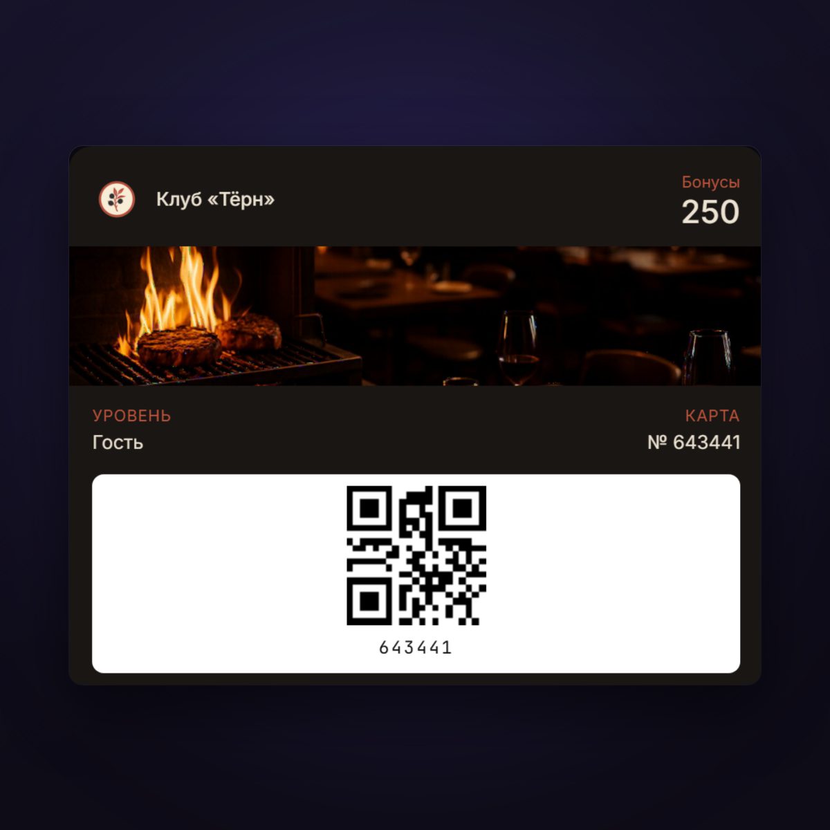 Макет карты Wallet заведения: логотип, название клуба, бонусы, уровень, номер карты и QR-код