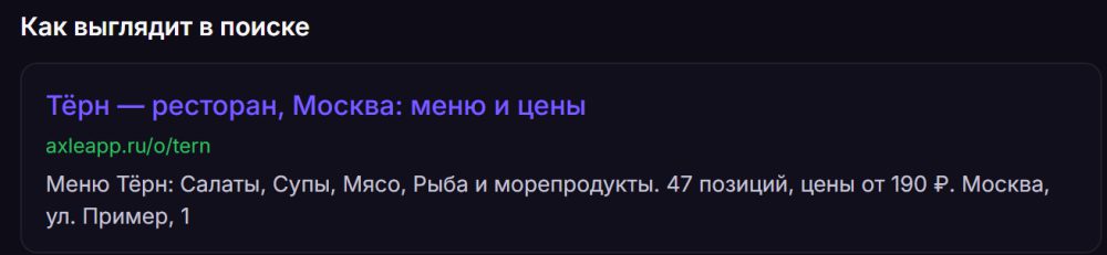 Образец выдачи: заголовок «Тёрн — ресторан, Москва: меню и цены», адрес axleapp.ru/o/tern и описание с разделами меню и ценой от 190 ₽